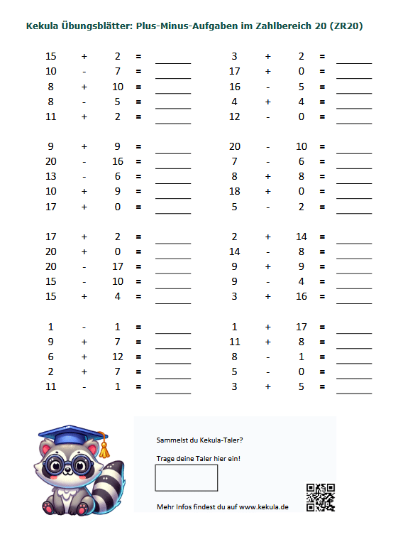 Zahlenraum 20, ZR20, Grundschule, plus, minus, Übungsblätter, Kostenlos, PDF, ausdrucken