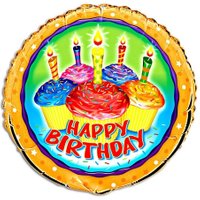 Folienballon rund Happy Birthday mit bunten Muffins+Kerzen drauf