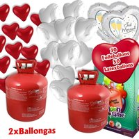 Ballongas Set XXL: 2 Heliumflaschen (50er) + Herzballons Folie/Latex