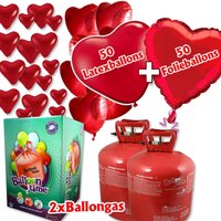Ballongas-Set mit 50 Herzballons Folie/Latex +2 Heliumflaschen (50er)