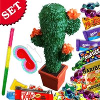 Pinata-Set Kaktus mit Blüten: Pinata +Keule +Maske +Süßigkeitenfüllung