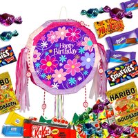 Zugpinata-Set Happy Birthday mit Blümchen in knalligen Farben +Süßes